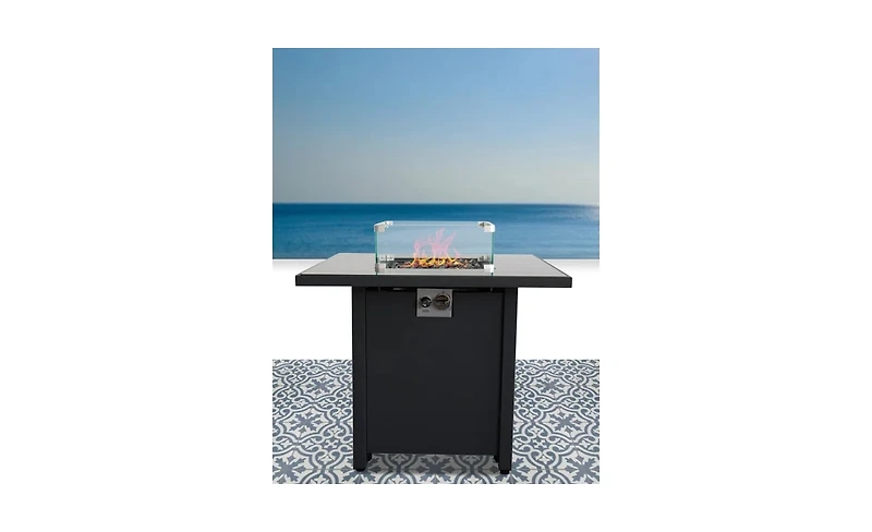 Mondawe Metal Propane Fire Pit Table with Smoked Glass Lid, Outdoor Fire Table