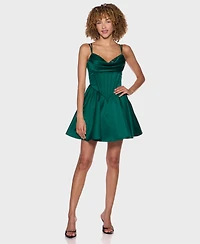 Alex & Sophia Juniors' Drape Stone Detail Neck Satin Dress