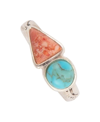 Barse Blue Turquoise and Orange Coral Duo Silver Ring