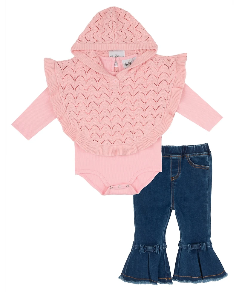 Rare Editions Baby Girls' Pink Poncho Sweater to Denim Pants, 2-Piece Set