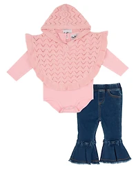 Rare Editions Baby Girls' Pink Poncho Sweater to Denim Pants, 2-Piece Set
