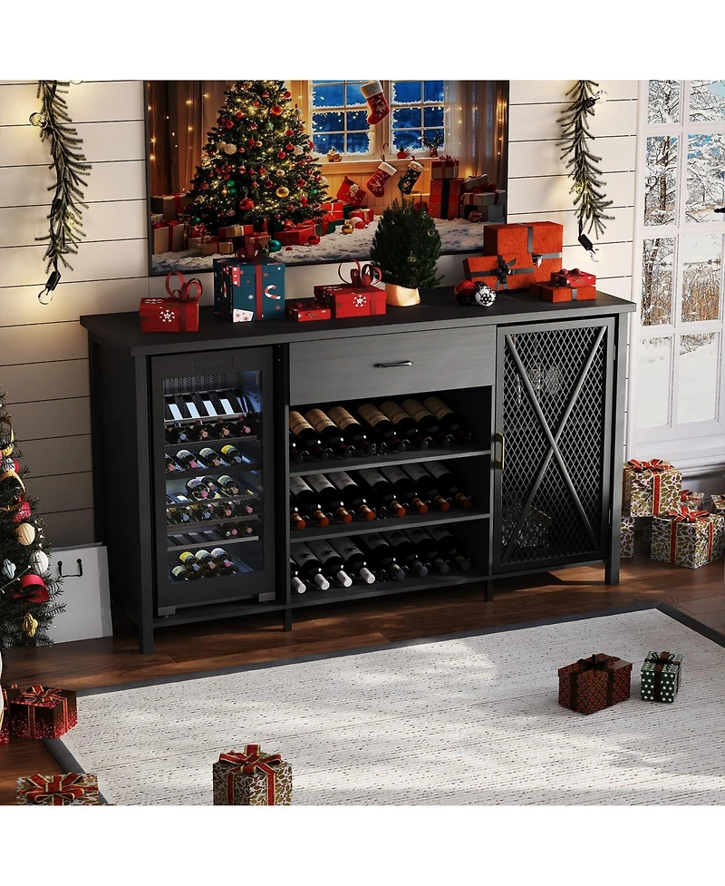 homfan 71" Farmhouse Coffee Bar Cabinet with Mini Fridge Space, 24-Bottle Wine Rack and Drawer