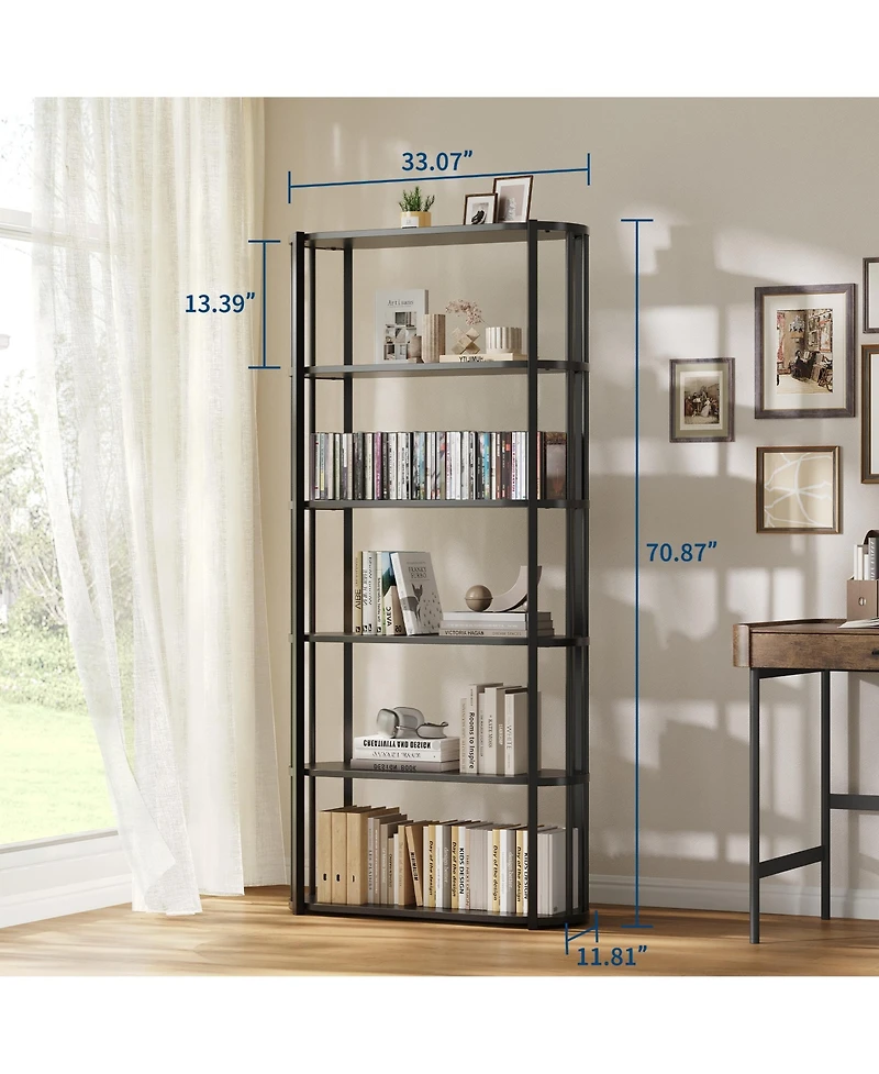 homfan Modern 71'' Tall 6-Tier Industrial Bookshelf, Sturdy Freestanding Metal Bookcase with Wooden Shelves, Open Storage Rack for Living Room,Bedroom