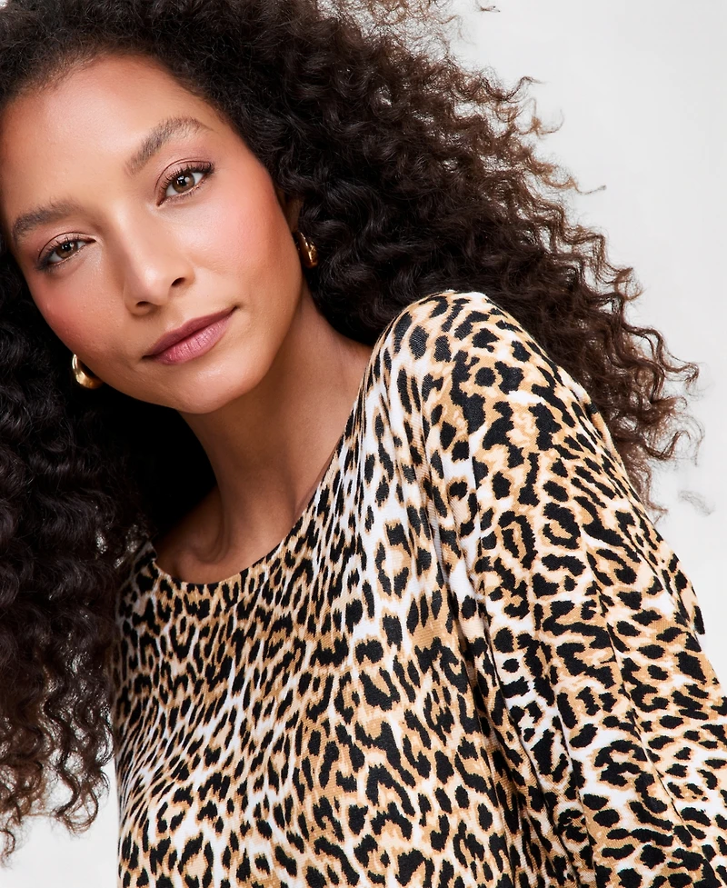 I.n.c. International Concepts Women's Long-Sleeve Leopard-Print Lightweight Boatneck Sweater, Macy's Exclusive