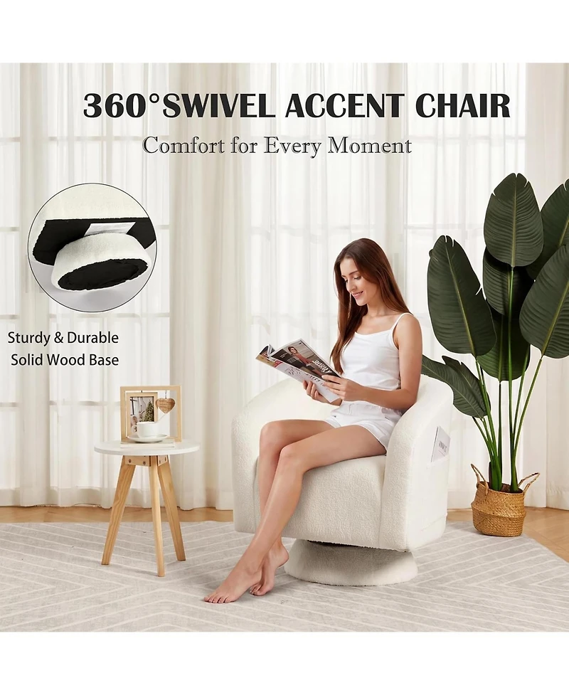homfan Swivel Accent Chair with Wood Base - 360degree(s) Swivel Barrel Chair, Boucle Armchair for Living Room and Reading Nook