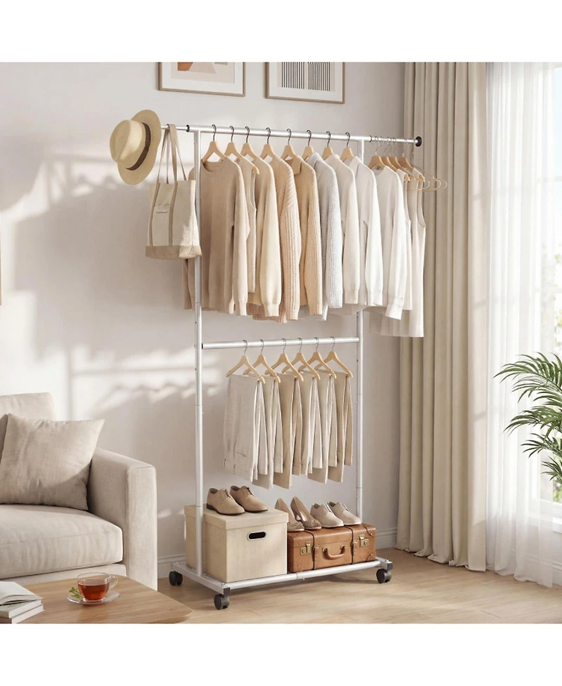 Sugift Rolling Double-Rod Clothes Rack with 9.5in Extension Rods and 3-Level Adjustable Height
