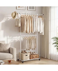 Sugift Rolling Double-Rod Clothes Rack with 9.5in Extension Rods and 3-Level Adjustable Height