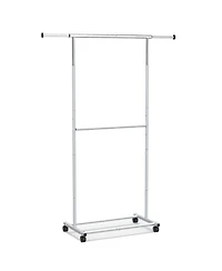 Sugift Rolling Double-Rod Clothes Rack with 9.5in Extension Rods and 3-Level Adjustable Height