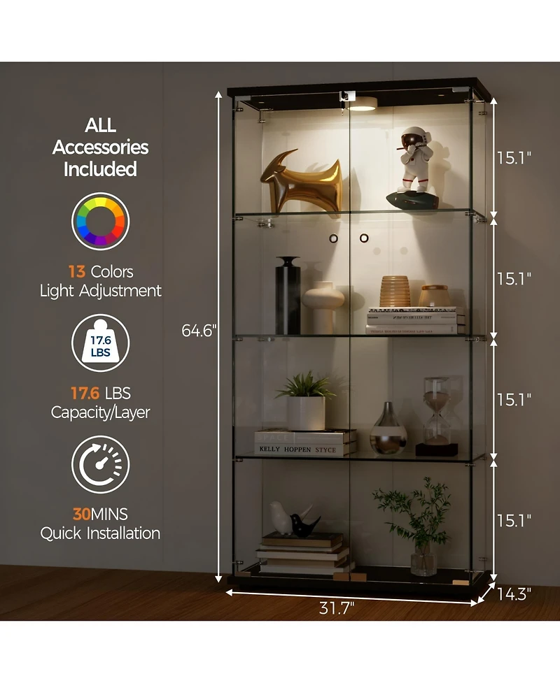 homfan Tempered Glass Display Cabinet, 4 Shelves, Doors, Led Lights and Motion Detector, Curio for Collectibles