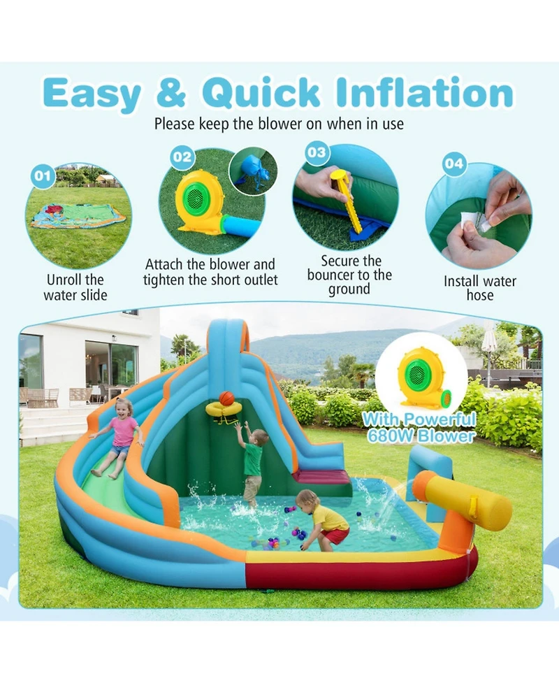 Sugift 6-in-1 Inflatable Oxford Cloth Water Slide Park Bounce House With Long Slide Splash Pool Climbing Wall, Wet or Dry Play, Ages 3-12