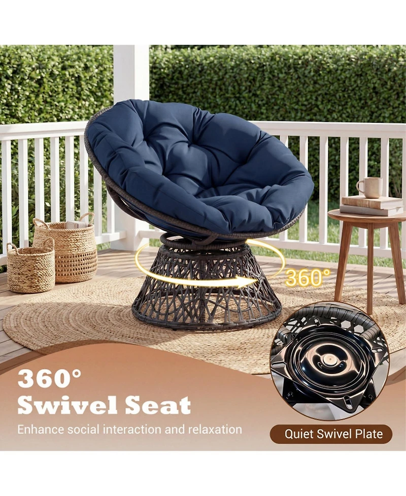 Sugift Swivel Papasan Chair Round Wicker Lounge Chair with Thick Cushion