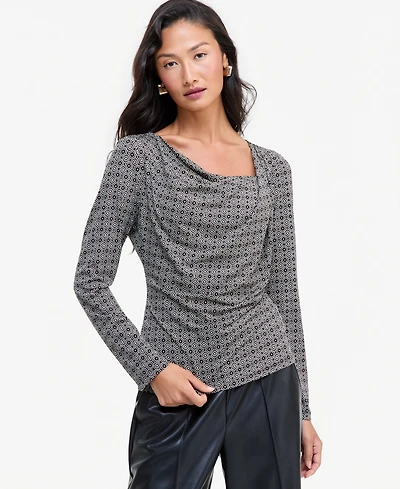 I.n.c. International Concepts Women's Geometric-Print Cowl-Neck Long-Sleeve Blouse, Macy's Exclusive
