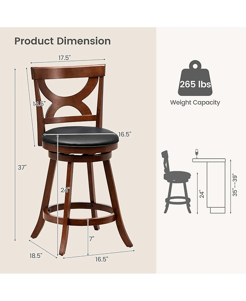 Gymax 2 Piece 24'' Bar Stools 360degree(s) Swivel Counter Height with Pvc Leather Cushioned Seat
