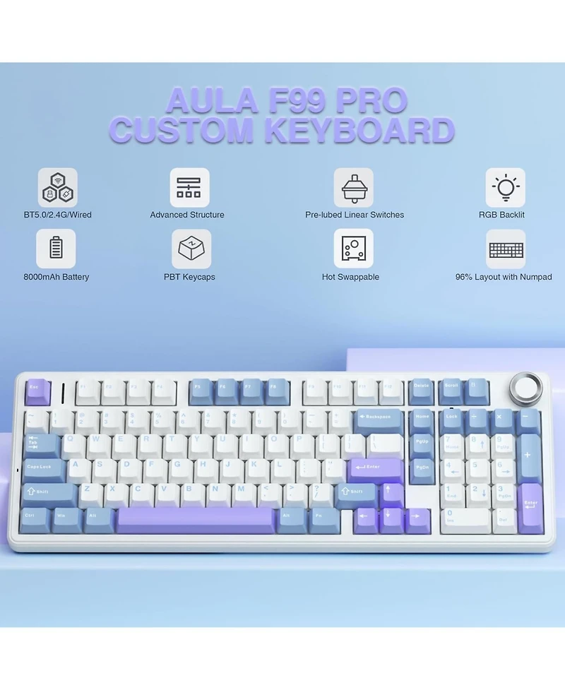 Aula F99 Tri-Mode Hot-Swappable Rgb Backlit Wireless Mechanical Keyboard