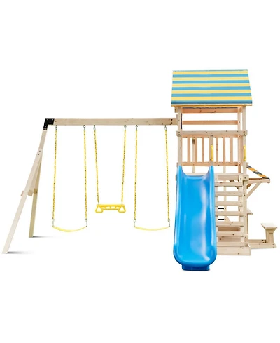 Hongge Wooden Swing Set with Upper Deck Slide and Climbing Wall, 172.5"L x 186"W x 118"H, Accommodates up to 10 Children, Ages 3+