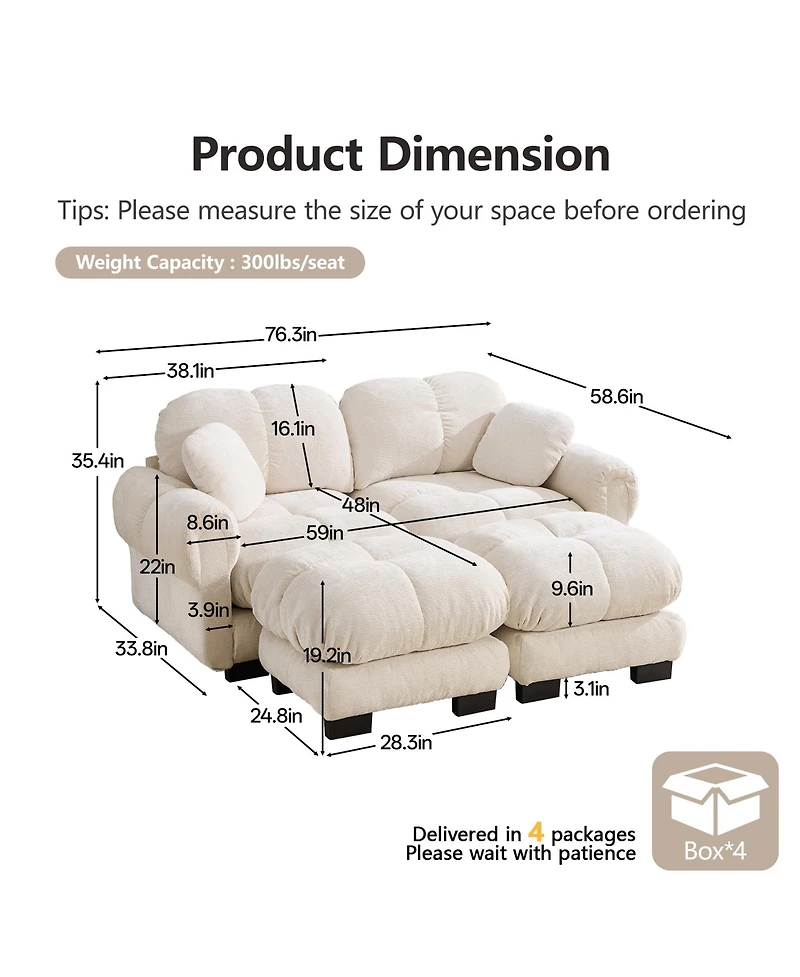 Boyel Living Chenille Cloud L-Shaped Loveseat Sofa Soft Padded Armrests Stylish Petal Design with Movable Ottoman