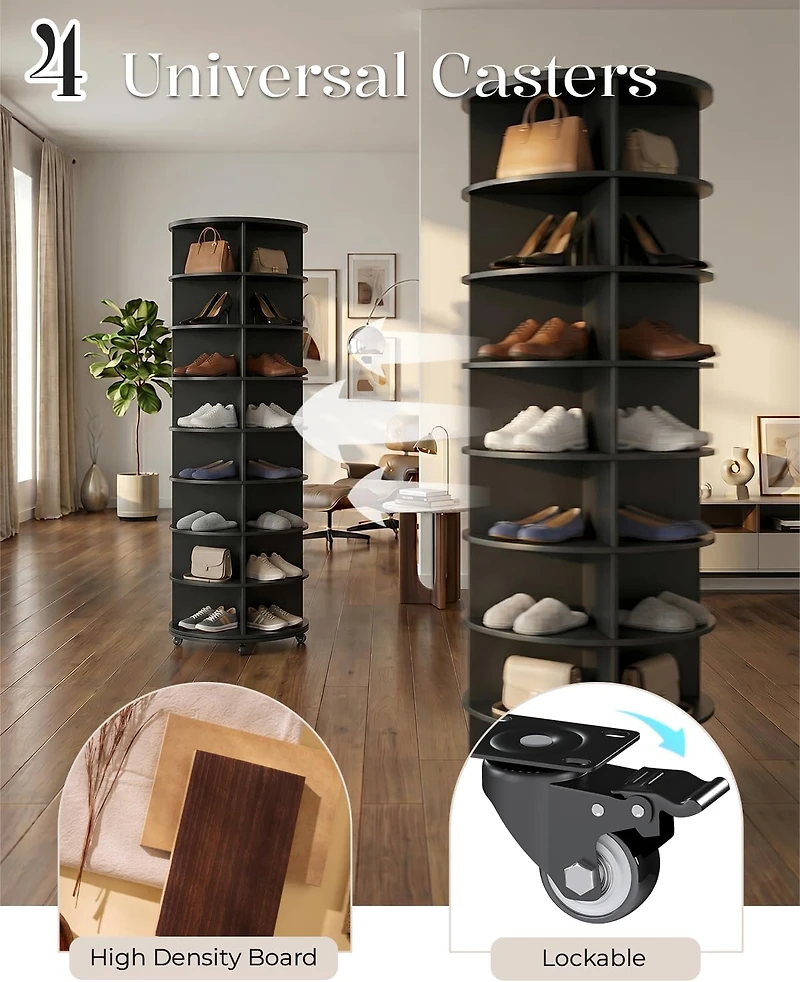 Aecojoy 8 Tier Rotating Shoe Rack with 2 Drawers and Casters Spinning Storage Tower Organizer