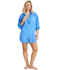 Tommy Bahama Women's Pineapple-Embroidered Boyfriend V-Neck 3/4-Sleeve Shirt
