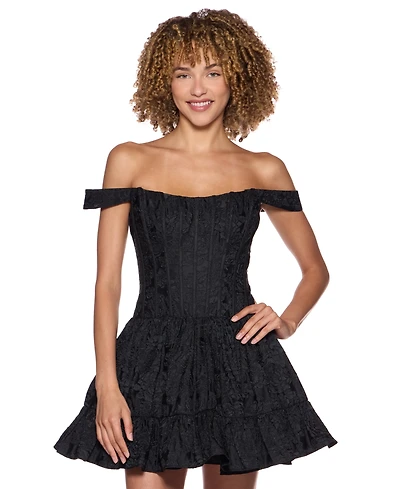 Alex & Sophia Juniors' Off-The-Shoulder Corset Bodice Jacquard Dress