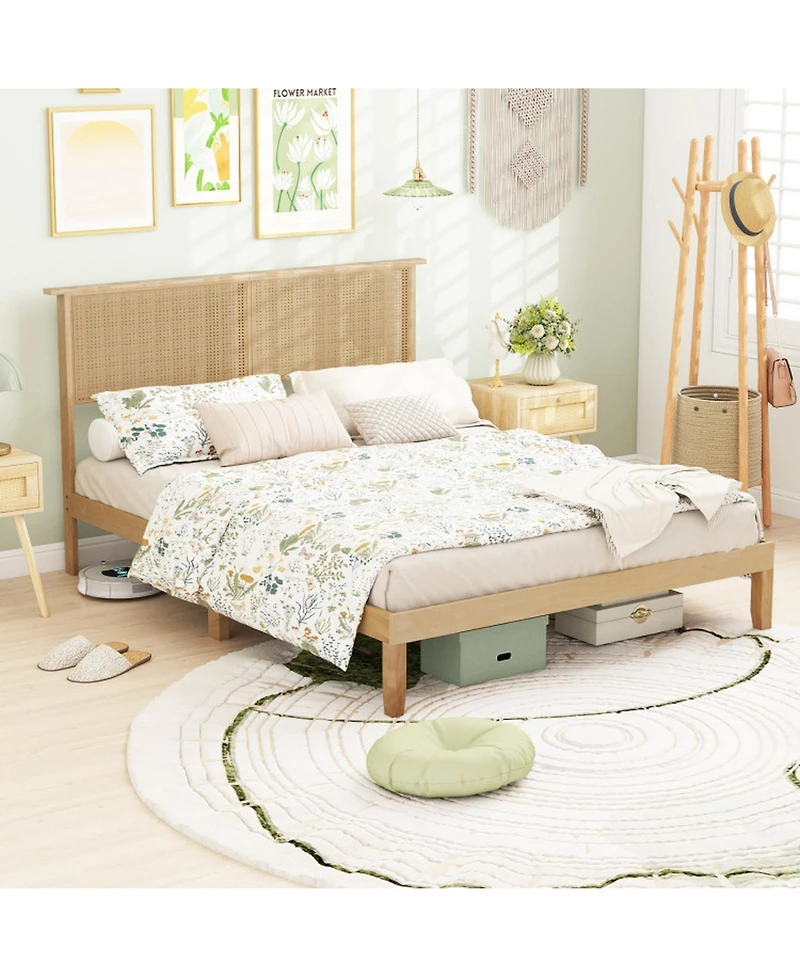 Sugift Queen Size Bed Frame with Rattan Headboard Solid Wood Platform Bed