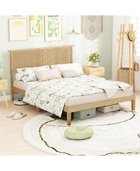 Sugift Queen Size Bed Frame with Rattan Headboard Solid Wood Platform Bed