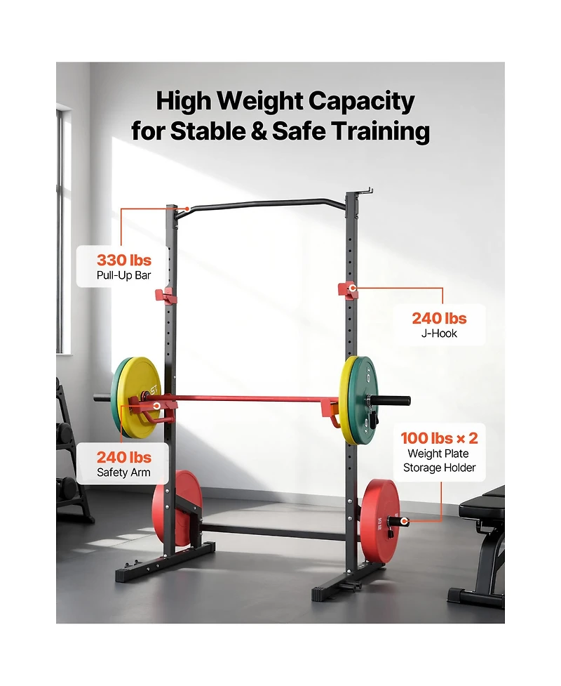 Sugift 1000LBS Multifunctional Power Cage Squat Rack with 4 Band Pegs Adjustable J-Hooks Safety Bars