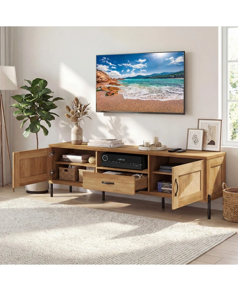 Sugift Rattan Tv Stand for 80-Inch TVs with 2 Cabinets Drawer and Open Shelf