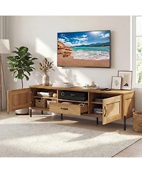 Sugift Rattan Tv Stand for 80-Inch TVs with 2 Cabinets Drawer and Open Shelf