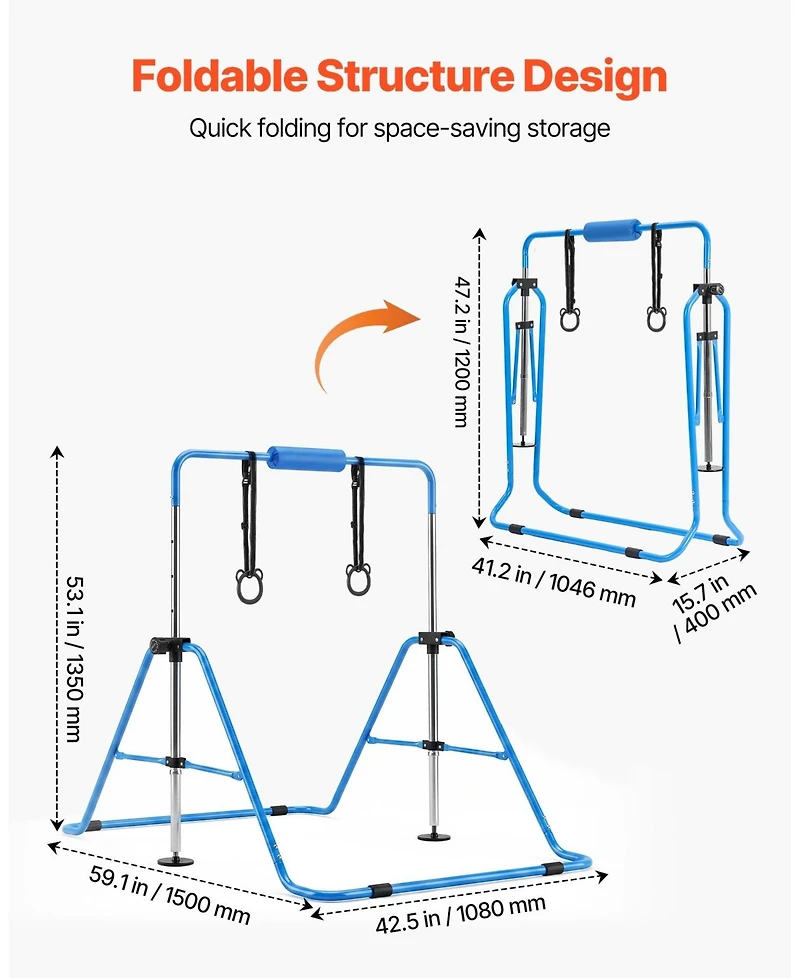 Hongge Adjustable Height Junior Gymnastics Horizontal Bar Folding Design with Gymnastic Rings Rated 140 lbs