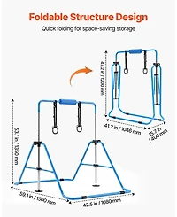 Hongge Adjustable Height Junior Gymnastics Horizontal Bar Folding Design with Gymnastic Rings Rated 140 lbs