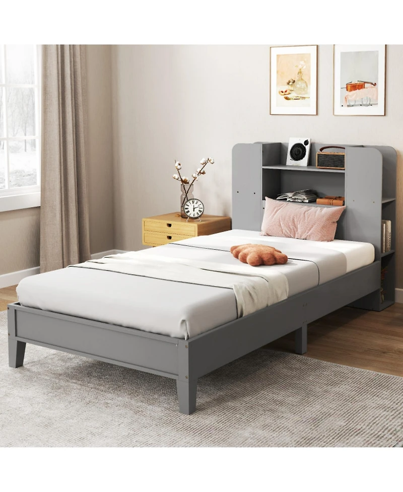 Sugift Twin Size Wooden Platform Bed Frame with Bookcase Headboard