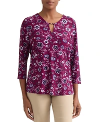 Jones New York Plus Kissing Trim Top Printed Floral-Print V-Neck 3/4-Sleeve Blouse