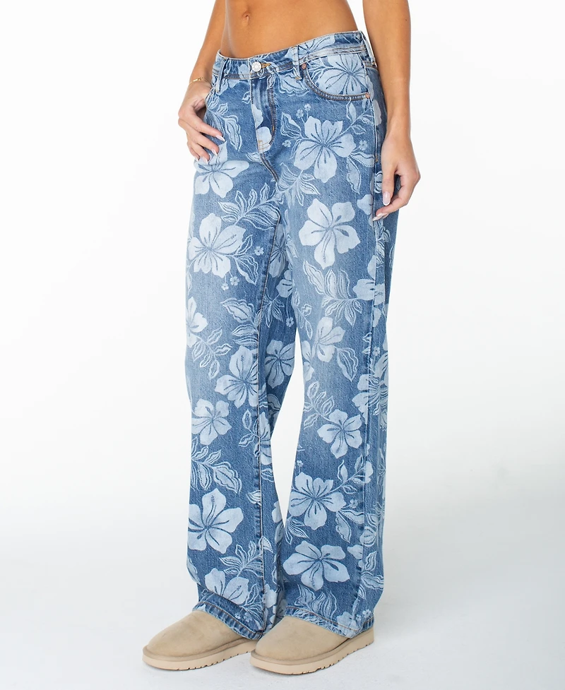 Roxy Women's Haven Flora Low-Rise Straight-Leg Floral-Print Jeans