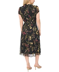 Msk Petite Pintuck Floral-Print A-Line Midi Dress