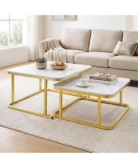 Sugift Nesting Coffee Table Set of 2 with Faux Marble Tops and Metal Frame