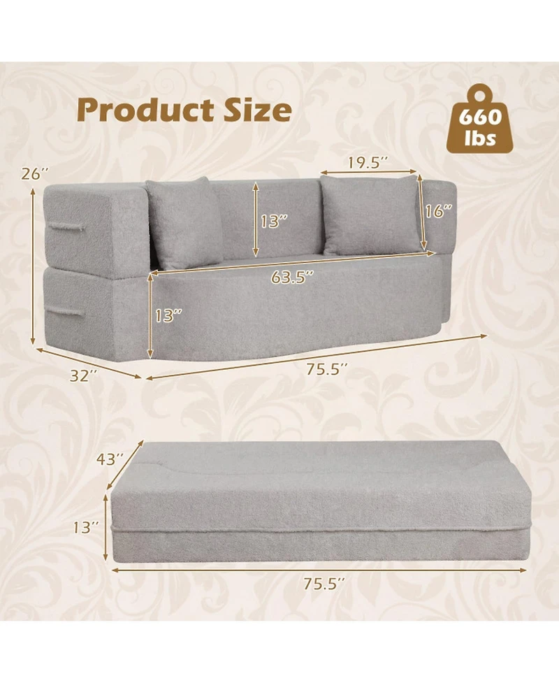 Sugift 75.5-Inch Convertible Folding Sofa Bed Floor Loveseat with Washable Teddy Fleece Cover