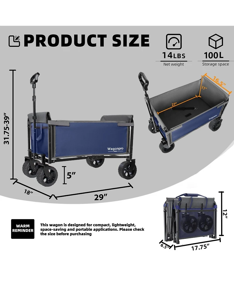 ECHTPeak Folding Wagon Cart, with 5x2 Inch Wide Wheels, 220LBS Capacity, with Full-Side, for Camping, Beach, Shopping