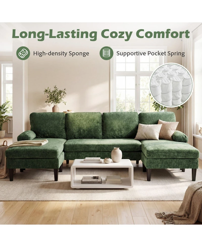 Sugift U-Shaped Sectional Sofa Couch with Double Chaise and 4 Lumbar Pillows for Living Room