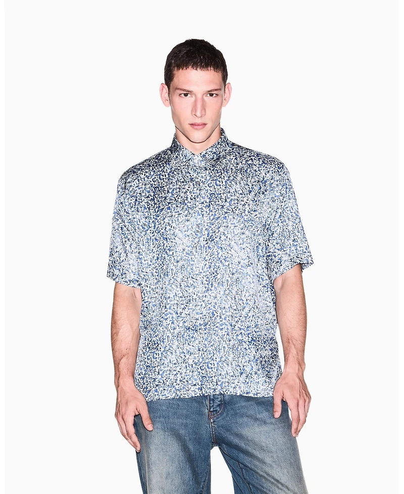 A|X Armani Exchange Men's Short Sleeve All-Over Logo Woven Button-Down Shirt