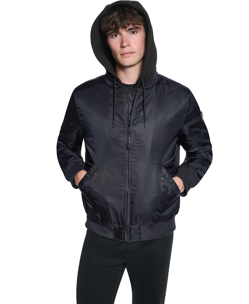 Karl Lagerfeld Paris Men's Embroidered Signature Hooded Bomber