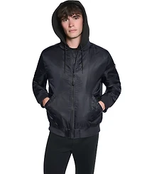 Karl Lagerfeld Paris Men's Embroidered Signature Hooded Bomber