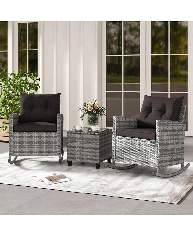 Sugift 3-Piece Patio Rattan Rocking Chair Set with Tempered Glass Side Table