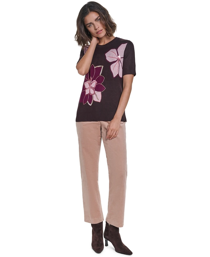Karl Lagerfeld Paris Petite Floral-Print Sequin-Embellished Sweater