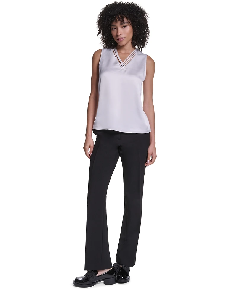 Karl Lagerfeld Paris Women's Satin V-Neck Strappy-Lattice Blouse