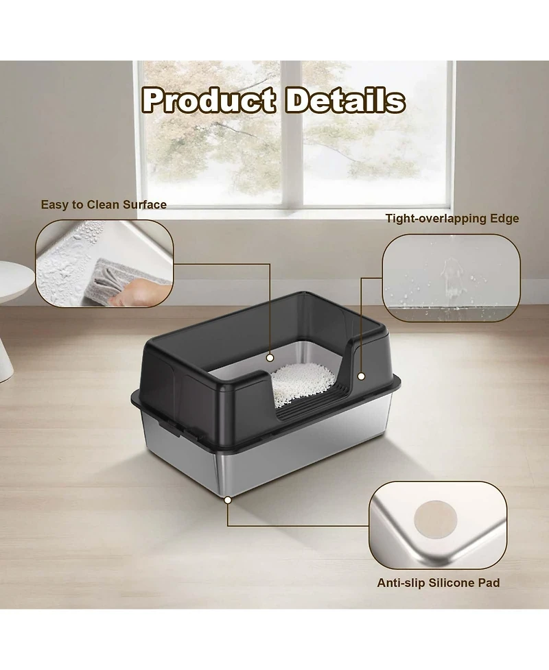 homfan Stainless Steel Litter Box, Extra Large, High Sides, Removable Tray, Non-Slip Mat, Scooper Included, Ideal for Large Cats and Maine Coons