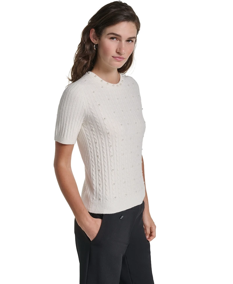 Karl Lagerfeld Paris Petite Cable-Knit Short-Sleeve Embellished Sweater
