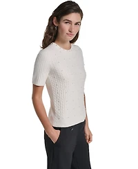 Karl Lagerfeld Paris Petite Cable-Knit Short-Sleeve Embellished Sweater