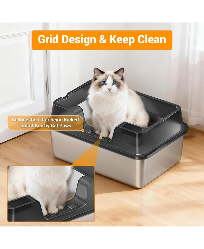 homfan Stainless Steel Enclosed Box with Lid, High-Sided Leak-Proof Pan for Large and Multi-Cat Homes, Non-Stick Odor Control, Easy Clean Scoop