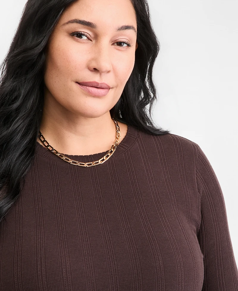 On 34th Plus Meet & Greet Pointelle Rib-Knit Jacquard Long-Sleeve Top, Macy's Exclusive