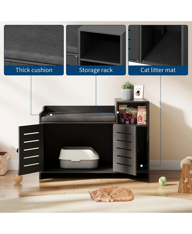 homfan Hidden Litter Box Furniture with Cushion, Mark Pad, Storage Shelf, Odor Control, Large Modern Wooden House Cabinet, Fits Most Boxes